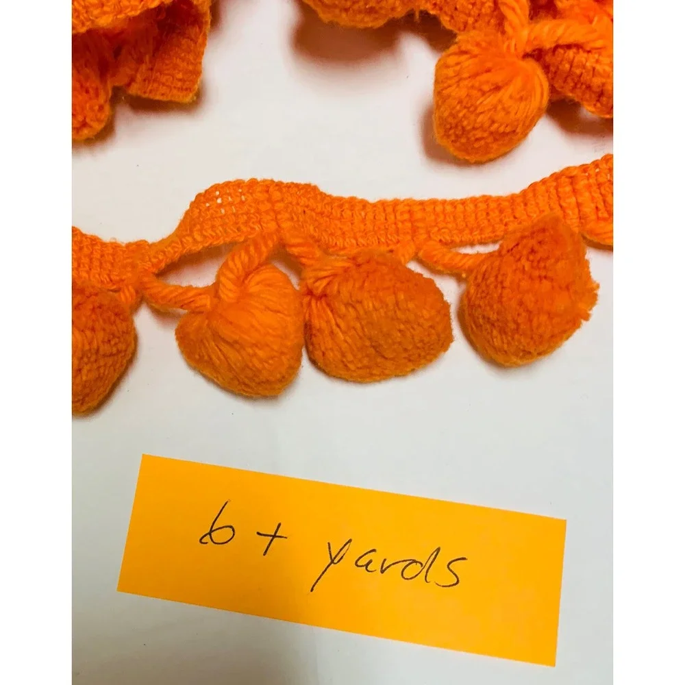 Vtg MCM Retro Color Bright Orange Tassel Pom Pom Crochet Trim Edging 6+ Yards